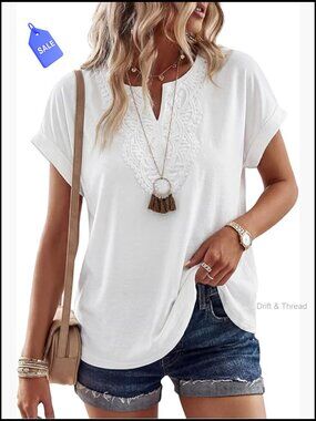 Lace Embroidered V Neck Short Sleeve T Shirt Loose Fit Going Out Top